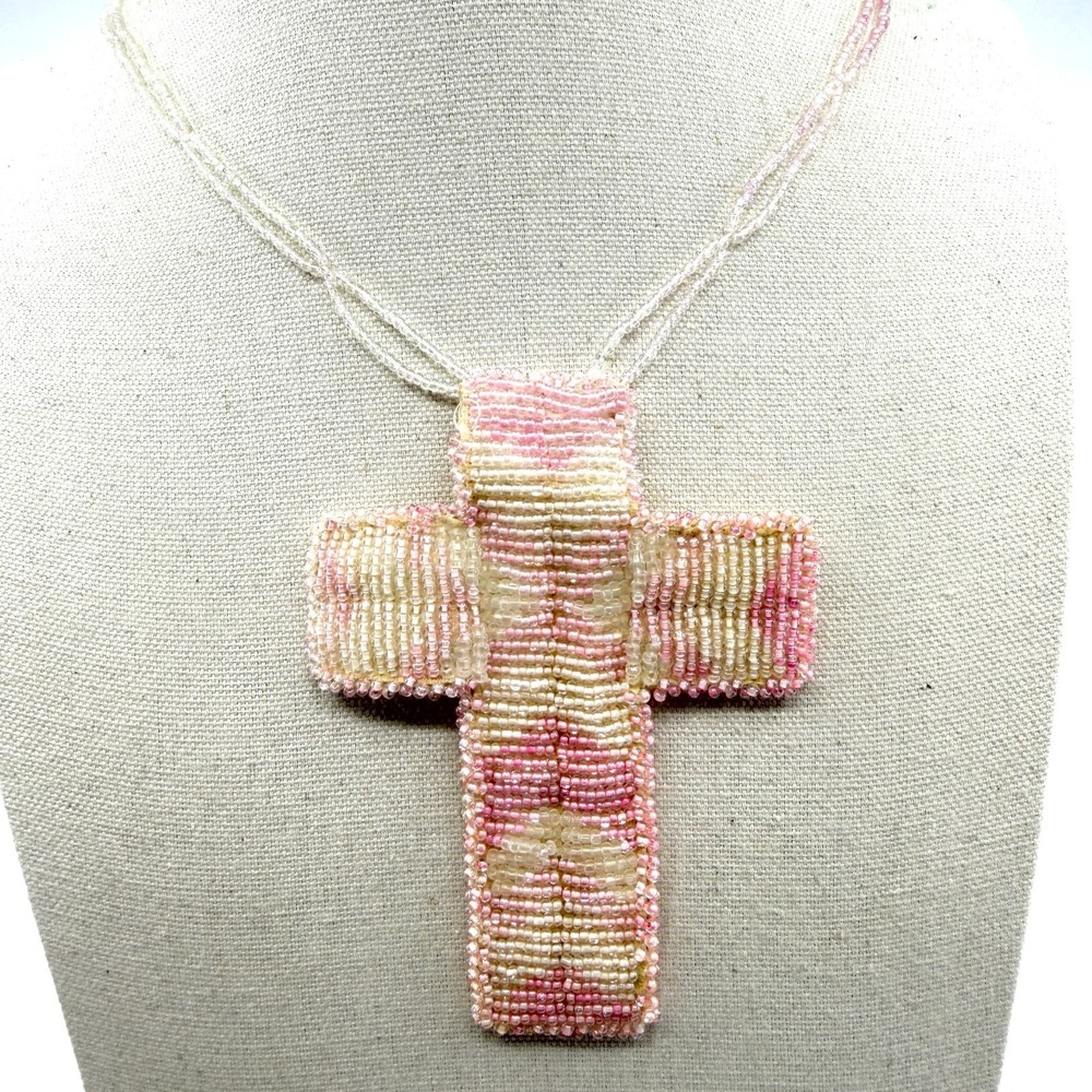 Handcrafted Pink & White Seed Bead Cross Necklace - Spiritual Accessory